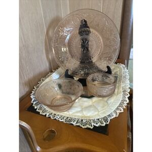 Indiana Glass Tiara "Sandwich" pattern Pink Serving Plate With Bowl And Saucer